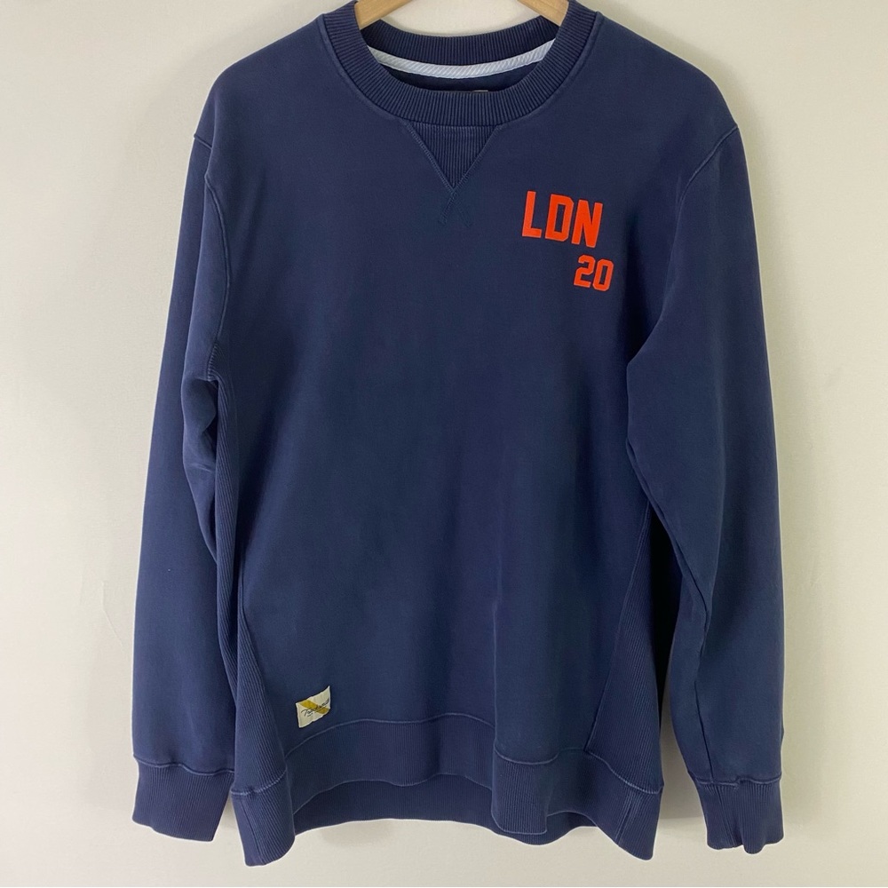 Tracksmith Navy Crewneck Sweater with Orange Detail